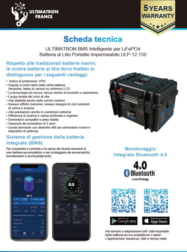Batteria Litio LiFePO4 Ultimatron ULP-12-150 Boat e Camper