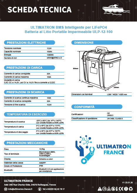 ULTIMATRON BMS Intelligente per LiFePO4 Batteria al Litio Portatile Impermeabile ULP-12-100 Boat e Camper