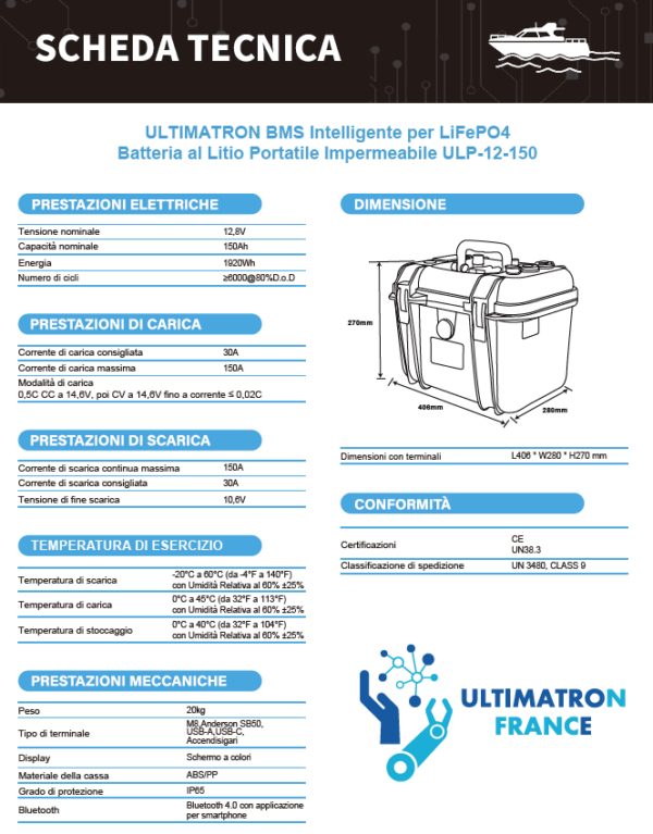 Batteria Litio LiFePO4 Ultimatron ULP-12-150 Boat e Camper