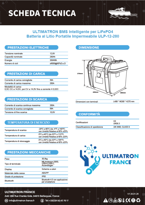 Batteria Litio LiFePO4 280Ah Ultimatron ULP-12-280 Boat e Camper