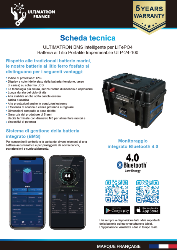 scheda tecnica ulp-24-100 Batteria Litio LiFePO4 24V 100Ah Ultimatron ULP-24-100 Boat e Camper