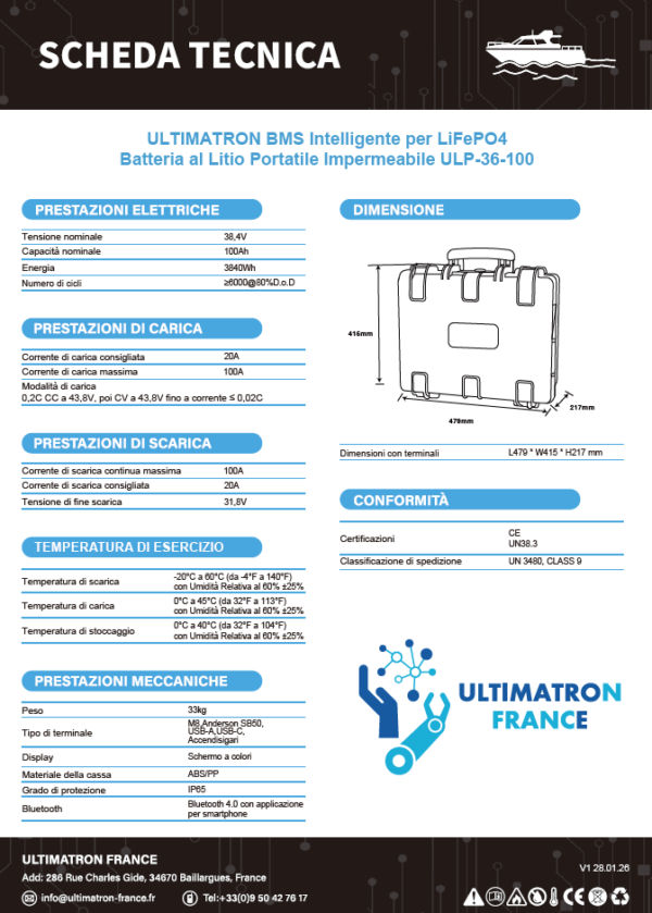 Batteria Litio LiFePO4 36V 100Ah Ultimatron ULP-36-100 Boat e Camper